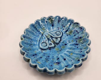 Tiny Ceramic Ring Dish. Flower with moth. 2in. Robbins egg blue with speckles.
