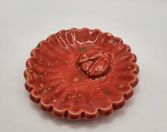 Tiny Ceramic Ring Dish. Flower with Ladybug. 2in. Red with multicolor speckles.