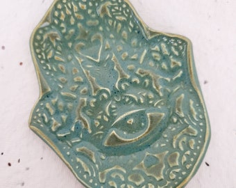 Hamsa Hand Trinket Ring Dish Incense Crystal Holder. Ceramic Sea Green.