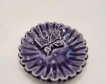 Tiny Ceramic Ring Dish. Flower with butterfly. 2in. Purple with blue speckles.