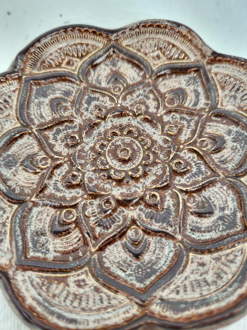 Mandala Flower Trinket Ring Dish Crystal Incense Holder. Copper color. 4in. image 3