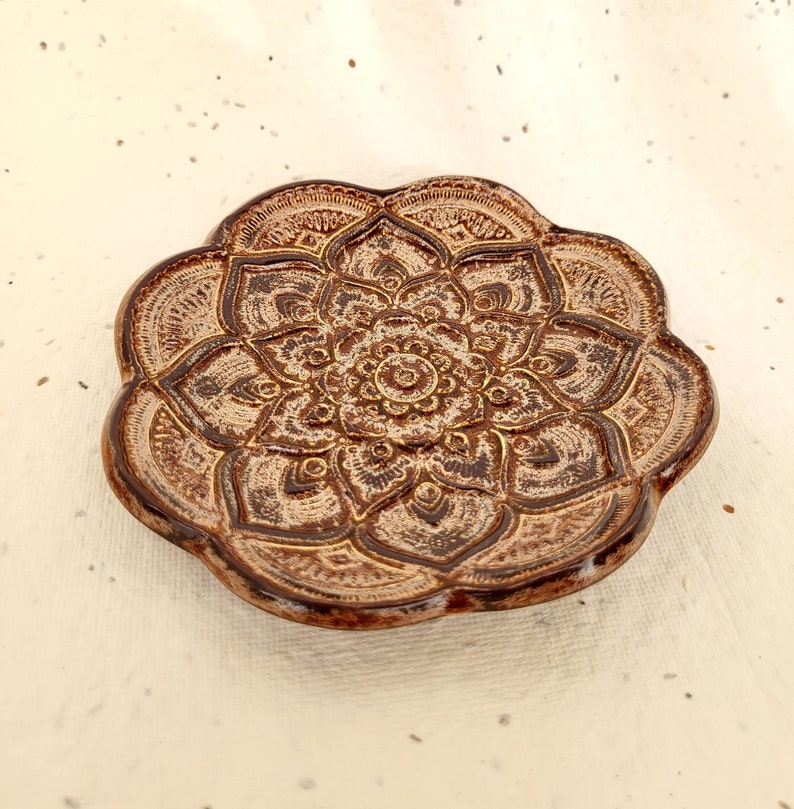 Mandala Flower Trinket Ring Dish Crystal Incense Holder. Copper color. 4in. image 2