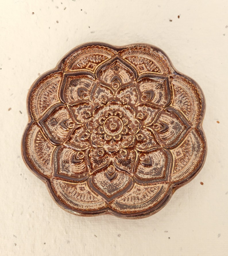 Mandala Flower Trinket Ring Dish Crystal Incense Holder. Copper color. 4in. image 1