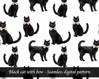 Seamless pattern of black cat with bow - elegant watercolor cat illustration, minimalist pet pattern, digital download