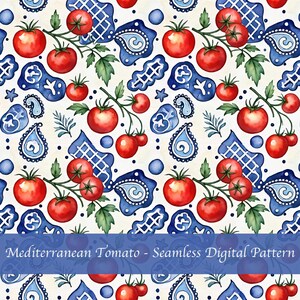Könnte beinhalten: Nahtloses digitales Muster mit Aquarellillustrationen reifer roter Tomaten auf grünen Ranken, durchsetzt mit blauen dekorativen Elementen auf cremefarbenem Hintergrund. Das Design umfasst Paisley-Formen, geometrische Muster und kleine blaue Punkte.