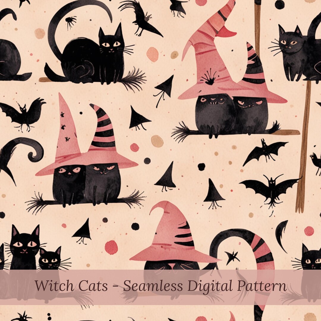 Seamless Witch Cat Pattern PNG, Halloween Digital Paper, Watercolor ...