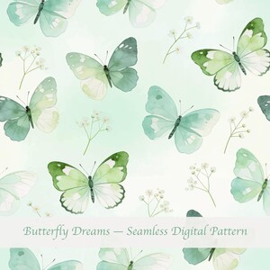 May include: A seamless digital pattern featuring watercolor butterflies in shades of green and blue, with delicate white floral accents. The butterflies have detailed wing patterns and are scattered across a soft, gradient background. The text "Butterfly Dreams - Seamless Digital Pattern" is at the bottom.