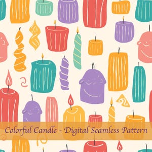 May include: A digital seamless pattern with a collection of colourful candles in red, orange, yellow, green, blue, and purple. The candles vary in shape and style, each with a flame. The background is a light cream colour.