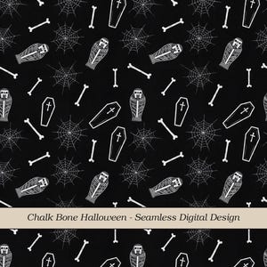Halloween-Knochenmuster mit Kreide, digitales Papier mit Sarg- und Mumiemotiv, nahtloser schwarzer Halloween-Stoffdruck