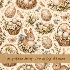 May include: A seamless digital pattern featuring a vintage Easter theme. The design includes Easter eggs with floral patterns, baskets filled with eggs and flowers, a bunny, butterflies, and feathers, all in soft pastel colors.