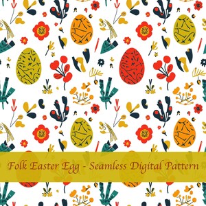 Op de afbeelding: Naadloos digitaal patroon met paaseieren, bloemen en bladeren in oranje, geel, groen en rood op een witte achtergrond. De tekst "Folk Easter Egg - Seamless Digital Pattern" staat op een gouden banner.