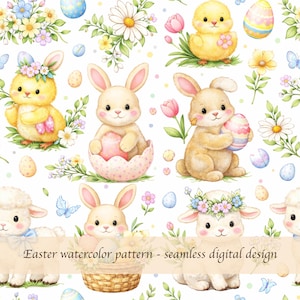 Op de afbeelding: Waterverf Paaspatroon met konijntjes, kuikens, lammetjes, eieren en bloemen in pasteltinten van roze, geel, blauw en groen. De tekst "Easter watercolor pattern - seamless digital design" staat onderaan.