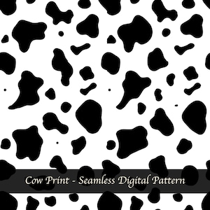 以下が含まれることがあります： 牛柄のデザインが施されたシームレスデジタルパターン。 白い背景に黒の不規則な形が配置されています。 画像の下部には「Cow Print - Seamless Digital Pattern」というテキストが表示されています。