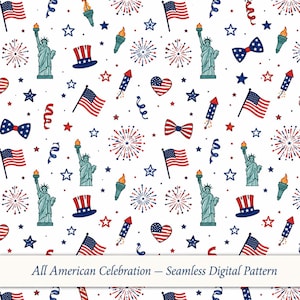 Puede incluir: Patrón digital sin costuras con símbolos patrióticos. Presenta ilustraciones de la Estatua de la Libertad, banderas americanas, pajaritas, fuegos artificiales, estrellas y un corazón. El texto "All American Celebration" se muestra en la parte inferior.