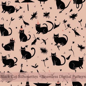 May include: A seamless digital pattern featuring black cat silhouettes in various poses, some wearing party hats, set against a pale pink background. The design includes stylized botanical and geometric elements, creating a whimsical and festive aesthetic.