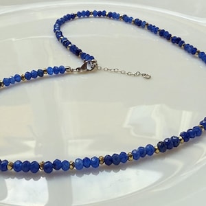Blue jade choker necklace with gold beads