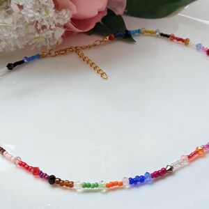 May include: A multi-coloured beaded necklace with a gold-coloured clasp. The necklace features small, round beads in red, orange, yellow, green, blue, and purple. The beads are strung together to create a delicate and eye-catching accessory.