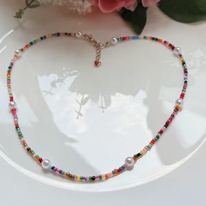 May include: A vibrant beaded necklace featuring a spectrum of small beads and white pearls. The necklace is presented on a white plate, with a floral arrangement visible in the background.