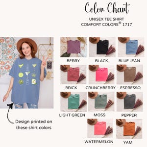 May include: A chart showing 11 different colors of unisex t-shirts. The colors are: Berry, Black, Blue Jean, Brick, Crunchberry, Espresso, Light Green, Moss, Pepper, Watermelon, and Yam. The text "Colon Chant" is at the top of the chart. The text "Unisex Tee Shirt" is below "Colon Chant". The text "Comfort Colors&reg; 1717" is below "Unisex Tee Shirt".
