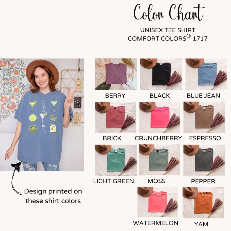 May include: A chart showing 11 different colors of unisex t-shirts. The colors are: Berry, Black, Blue Jean, Brick, Crunchberry, Espresso, Light Green, Moss, Pepper, Watermelon, and Yam. The text "Colon Chant" is at the top of the chart. The text "Unisex Tee Shirt" is below "Colon Chant". The text "Comfort Colors&reg; 1717" is below "Unisex Tee Shirt".