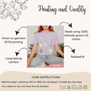 May include: A purple t-shirt with a graphic of a margarita cocktail. The text "Printing and Quality" is at the top of the image. The text "Direct-to-garment (DTG) printing" is on the left side of the image. The text "Made using 100% ethically grown US cotton" is on the right side of the image. The text "Long-lasting comfort" is on the left side of the image. The text "Relaxed fit" is on the right side of the image. The text "CARE INSTRUCTIONS" is at the bottom of the image. The text "Machine wash: cold (max 30C or 90F); Do not bleach; Tumble dry: low heat; Iron, steam or dry: low heat; Do not dryclean" is below the text "CARE INSTRUCTIONS".