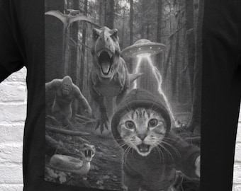 Funny Cat Shirt - Chaos Cat Selfie, UFO Bigfoot Dinosaur Snake Attack Shirt, Over the Top Cat Humor Tee, Unique Weird Gift for Cat Lovers