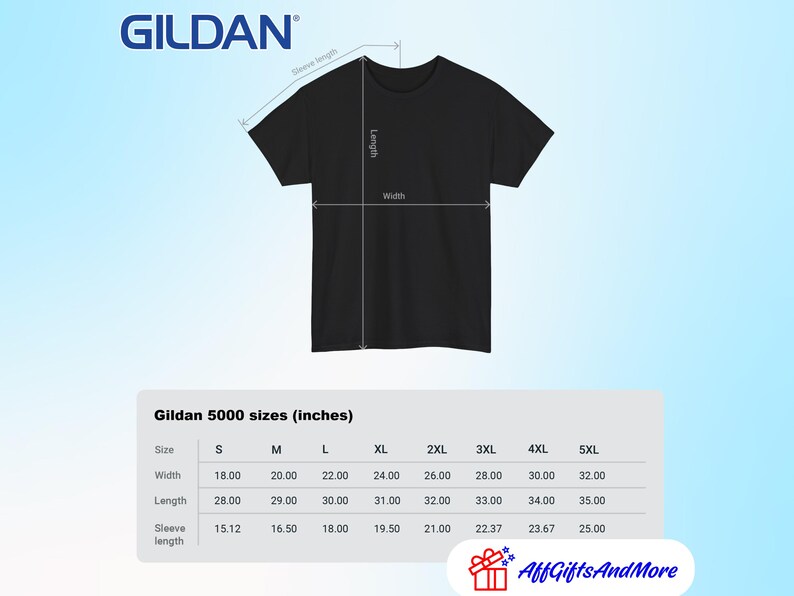 May include: Black Gildan 5000 t-shirt with size chart. The chart shows measurements in inches for sizes S to 5XL, including width, length, and sleeve length. The Gildan logo is at the top left.