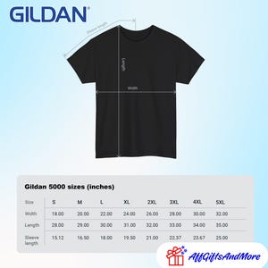 May include: A black Gildan 5000 t-shirt with a diagram showing length, width, and sleeve length measurements. A size chart is included below the shirt, listing dimensions in inches for sizes S through 5XL, ranging from 18 to 32 inches in width.