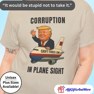 Grift Force One Anti-Corruption Qatar Satire Shirt - Palace in the Sky Political Cartoon Tee, Comic Style Funny Jet Plane Protester Gift