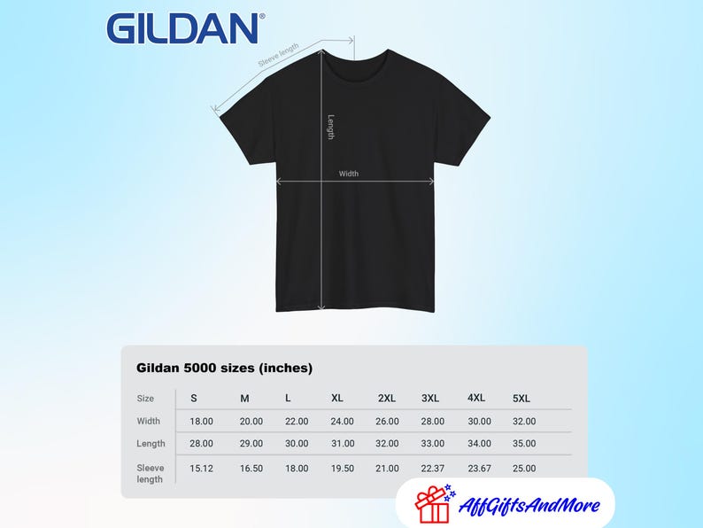 Puede incluir: Una camiseta negra Gildan 5000 con un diagrama que muestra la longitud de la manga, la longitud del cuerpo y el ancho. Debajo de la camiseta hay una tabla titulada Gildan 5000 sizes (inches) con las medidas para las tallas S a 5XL.