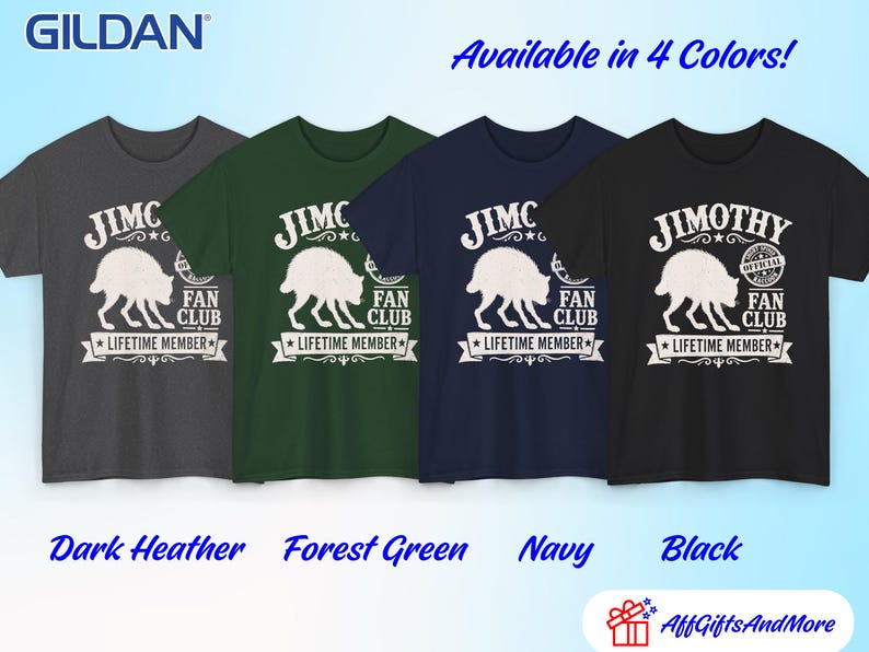 May include: Four short-sleeve crew neck t-shirts in dark heather, forest green, navy, and black. Each shirt features a white graphic of a crouching animal with the text JIMOTHY FAN CLUB LIFETIME MEMBER and an official edition seal.