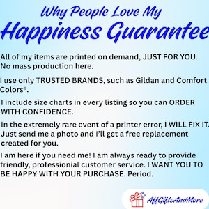 Puede incluir: Un gr&aacute;fico informativo azul claro titulado Why People Love My Happiness Guarantee. Enumera cinco puntos sobre servicios de impresi&oacute;n bajo demanda, marcas como Gildan y Comfort Colors, tablas de tallas, pol&iacute;ticas de reemplazo y atenci&oacute;n al cliente.