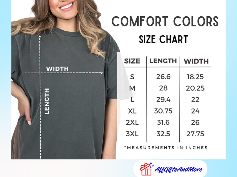 K&ouml;nnte beinhalten: Ein dunkelgraues T-Shirt mit einer Gr&ouml;&szlig;entabelle. Die Tabelle zeigt die Ma&szlig;e in Zoll f&uuml;r die Gr&ouml;&szlig;en S bis 3XL. Der Text "COMFORT COLORS" und "SIZE CHART" steht oben. Der Markenname "AffGiftsAndMore" steht unten.