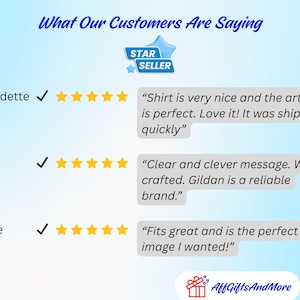 Puede incluir: Un gr&aacute;fico de rese&ntilde;as de clientes titulado What Our Customers Are Saying con una insignia azul de Star Seller. Muestra tres rese&ntilde;as de cinco estrellas de Bernadette, Bill y Janice, cada una con una marca de verificaci&oacute;n y comentarios. Incluye el logo de AffGiftsAndMore.