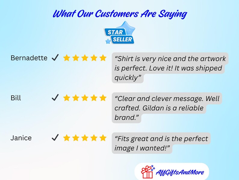 Puede incluir: Un gr&aacute;fico de rese&ntilde;as de clientes titulado What Our Customers Are Saying con una insignia azul de Star Seller. Muestra tres rese&ntilde;as de cinco estrellas de Bernadette, Bill y Janice, cada una con una marca de verificaci&oacute;n y comentarios. Incluye el logo de AffGiftsAndMore.