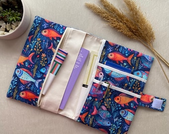 Handmade Fish Patterned Blue Book Sleeve With Multi-Compartments