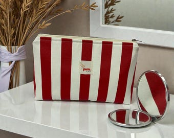 Red & Cream Striped Cotton Makeup Bag | Bold Zipper Pouch