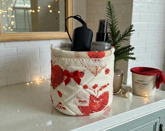 Christmas Fabric Organizer | Red and Cream Storage Bin