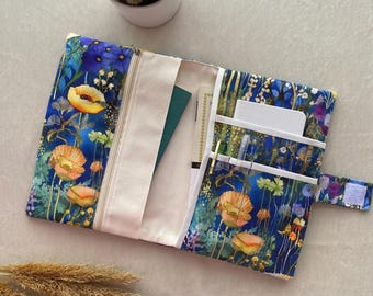 Handmade Book Sleeve With Watercolor Corn Poppy Patterns / Multi-Compartment