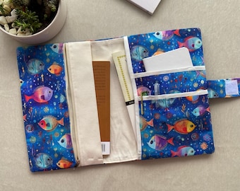 Handmade Fish Patterned Blue Book Sleeve With Multi-Compartments