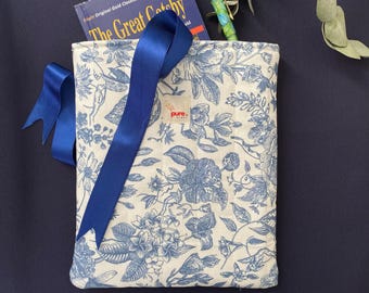 Handmade Quilted Tablet Sleeve - Blue Patterns with Ribbon Detail (Waterproof Fabric)