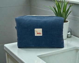 Navy Blue Corduroy Makeup Bag | Soft Velvet-Feel Travel Pouch
