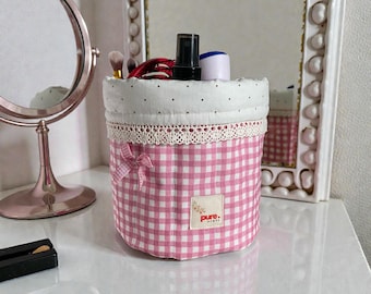 Pink Checkered Fabric Storage Basket | Makeup & Desk Organizer