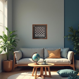 May include: A framed chessboard with a dark wood frame hangs on a light gray wall. The board features black and white squares with chess pieces in place. The room has a sofa, coffee table, and plants, creating a cozy living space.