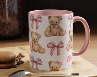 Keramische teddybeer mok met roze strik, leuke koffiemok cadeau, gepersonaliseerde keramische mok, cadeau voor haar, vaatwasser, magnetronbestendig, 11oz, 15oz