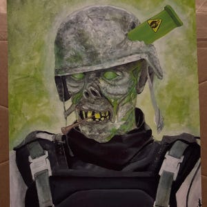 May include: An acrylic painting of a zombie soldier with a green complexion, wearing a grey helmet with a green vial. The zombie has glowing green eyes and a cigarette in its mouth. The background is a light green.