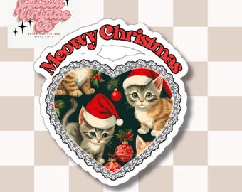 Meowy Christmas Vintage Kittens in Santa Hats Vinyl Sticker, Cat Lover Gifts, Holiday Stickers, Cute Animal Decals, Christmas