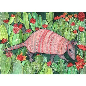 Dipinto originale ad acquerello di armadillo e cactus colorati / Decorazione sud-occidentale / Stampe stravaganti e affascinanti per l'arredamento della casa
