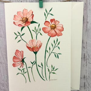 Handgemalte Kosmos Blumen Karte Botanisches Aquarell Briefpapier Helle Blumen Briefpapier Geschenke | Kunstkarten für jeden Anlass