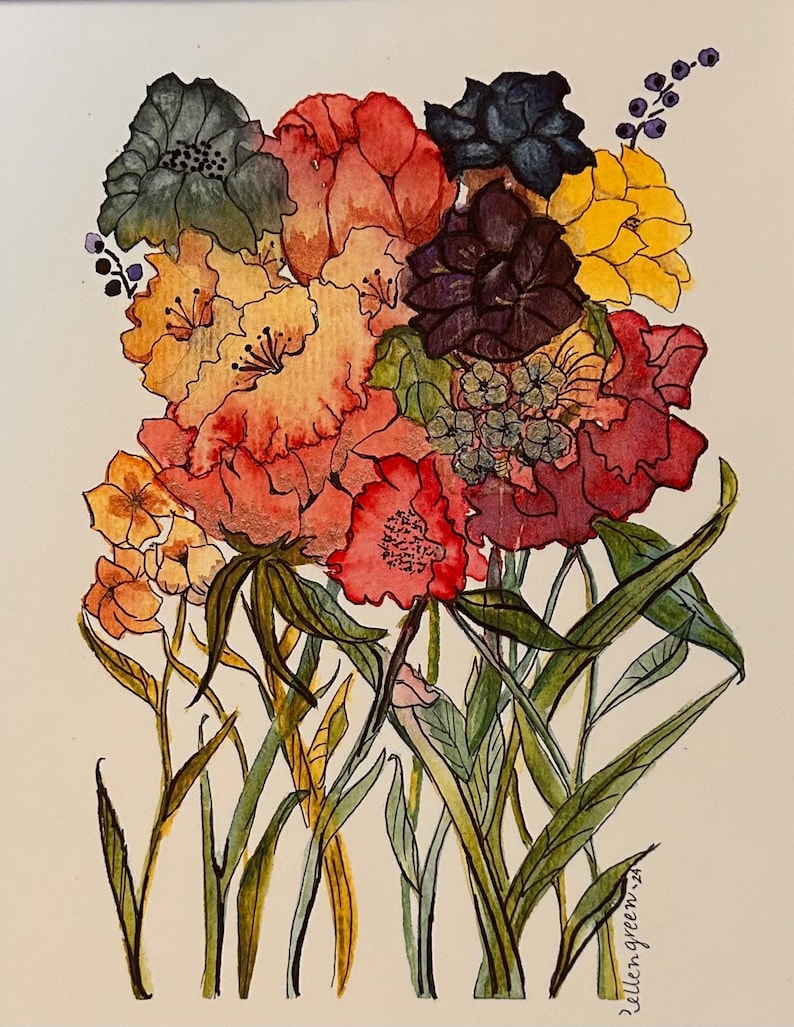 Floral Watercolor Painting: Richly Colored Flower Bouquet Art Print ...